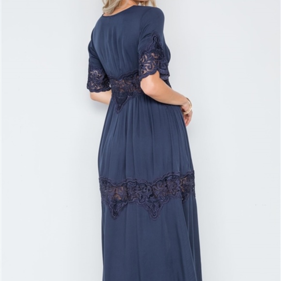 NAVY BUTTON DOWN SHORT SLEEVE MAXI BOHO DRESS - Picture 5 of 8